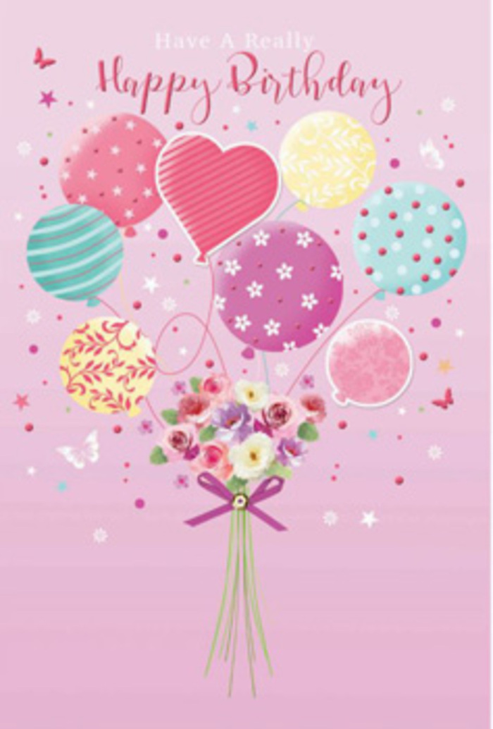 In this softly detailed birthday image, a floating bouquet and pastel balloons become a delicate celebration, the kind of design you could imagine being inspired by a stroll through Greenwich's leafy side streets in spring. The background is a warm, powdery pink, giving the entire card a tender, uplifting glow. At the base sits a compact hand-tied bouquet, brimming with small roses and daisy-like flowers in shades of cream, blush pink, and gentle mauve. Each bloom is depicted with subtle shading that suggests velvety petals and a light, sweet fragrance, like freshly opened blossoms in a local Greenwich garden after rain. The stems gather neatly together, cinched by a sparkling purple bow that appears slightly textured, as though made of satin ribbon carefully tied by an experienced florist. Floating above, a cluster of pastel balloons rises in harmonious colours-sea green, soft lemon, rose pink, and lavender. Each balloon is unique: some are adorned with playful polka dots, others with swirling stripes or delicate flower motifs that echo the bouquet's palette. A heart-shaped balloon close to the centre hints at affection and heartfelt birthday wishes. Tiny stars and butterflies drift around the composition, lending a sense of motion, as if the whole arrangement is gently lifting off over the rooftops near Greenwich Market. The artwork feels airy yet thoughtfully composed, capturing the joy of sending birthday flowers and balloons to someone special nearby, with just the right balance of fun and refined elegance.