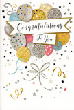 A stylish congratulations card is pictured standing open enough to show its richly decorated front, as if waiting to be slipped beside a bouquet headed to a celebration in west Greenwich or along Trafalgar Road. The main artwork is a charming cluster of party balloons gathered near the centre and rising upward, giving the impression of gentle lift and lightness. Each balloon is tinted in a harmonious palette of metallic gold, brushed silver, champagne, soft sky blue, rose-pink blush, and misty grey, with smooth shading that makes them appear softly rounded. Some balloons are patterned with miniature stars, others with fine stripes or scattered glitter-like dots, suggesting a playful yet elegant finish reminiscent of festive lights outside a local riverside restaurant. From the bottom of the cluster, slender ribbons in shimmering gold and pale silver unspool in loose curls, drifting down the card with a sense of easy movement. Across the middle, a creamy white banner stretches in a slight arch, partially overlapping the balloons and outlined with a fine metallic border. On this banner, the words Congratulations To You are written in graceful, looping script, the lettering dark and fluid, conveying warmth and sincerity. Around the balloons and banner float tiny metallic stars, confetti dots, and swirling decorative lines, scattered across a calm, pale background that keeps the overall design bright but uncluttered. The card feels light, joyful, and polished, the sort of thoughtful finishing touch a Greenwich Florist designer might pair with fresh seasonal flowers to celebrate exam results, a new job, or any achievement that fills the sender and recipient with shared pride.