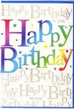 A cheerful birthday card fills the image, its front designed with the boldness and finesse of a festive shopfront on Greenwich Church Street. The main focus is the large Happy Birthday lettering that arcs across the centre, every character painted in a generous rainbow blend: deep cherry reds softening into fuchsia, then drifting into sapphire, jade, and fresh lime before brightening to golden yellow. The colour transitions are soft and velvety, echoing the way a spring bouquet moves from one shade to the next on a display table in a Greenwich florist studio. Surrounding and supporting this central phrase is a background of finely repeated words, the line Happy Birthday to you written over and over in slim, looping gold script. This calligraphy forms a shimmering wallpaper effect, understated yet decorative, reminiscent of delicate fairy lights strung across a birthday table in a riverside flat overlooking the Thames. Here and there, tiny stars and coloured flecks-pale pink, lilac, sky blue-are sprinkled across the surface like confetti. The finish of the card appears smooth with a slight gloss, enhancing the sense of depth between the bold rainbow letters and the glistening script behind them. The overall design radiates happiness and anticipation, the sort of card that feels just right to pair with a bright birthday arrangement for a friend celebrating in Greenwich, whether they're gathering near the park, by the market, or in a cosy home filled with flowers and laughter.