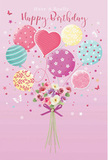 This birthday card artwork portrays a joyful balloon-and-bouquet scene that feels as light and happy as a walk along the Thames path in Greenwich on a bright day. The background is a soft, rosy pink, setting a warm tone for the celebration. At the bottom of the design rests a hand-tied bouquet, full and rounded, made up of delicate roses and soft, anemone-like blossoms in creamy ivory, blush pink, and faded mauve. Their petals are illustrated with fine gradients that suggest fullness, softness, and a gentle, comforting scent, like stepping into a cosy Greenwich florist on a spring morning. The flower stems are gathered closely and finished with a vivid violet bow, the satin-like sheen catching the imagined light. Rising from the heart of the bouquet is a cluster of pastel balloons in pink, mint, lemon yellow, and lavender. Each balloon has its own personality, with patterns of candy stripes, tiny polka dots, floral sprigs, and a prominent heart-shaped balloon radiating affection at the centre. Between the balloons, scattered stars and fluttering butterflies add a sprinkling of magic, suggesting that the whole bouquet is floating upward with birthday wishes. The composition feels balanced yet wonderfully playful, as if created by a florist who understands how colour, texture, and joyful details can turn a simple greeting into a cherished moment for someone celebrating their birthday in or around Greenwich.